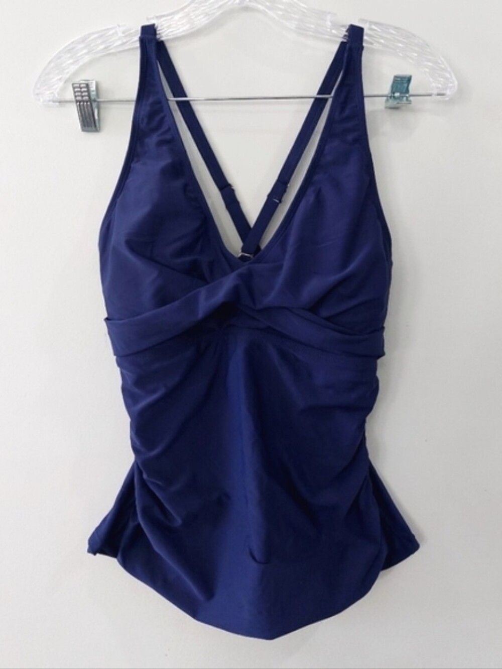 Yonique Women's Tankini Swimsuit Top Large Blue Cross back Rouched Adjustable